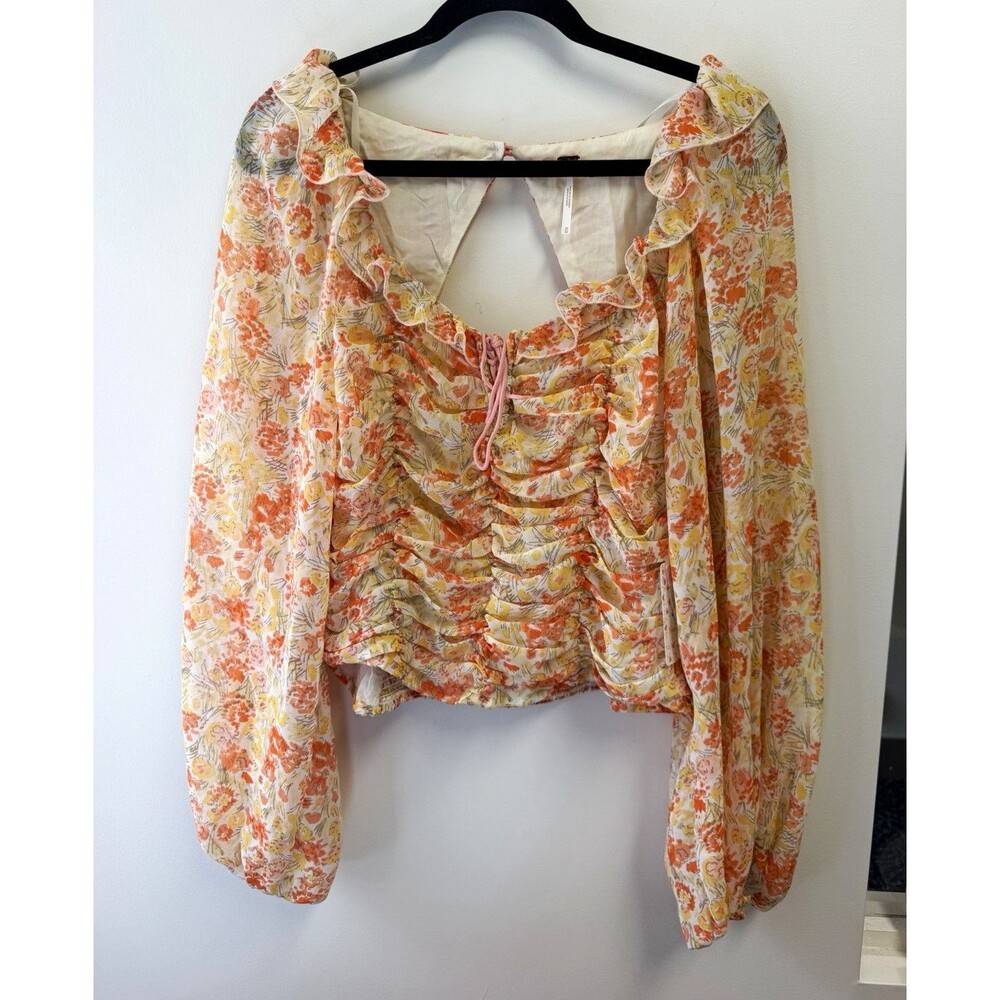 Free People Women's Multicolor Floral Ruched Ruffle Square Neck Blouse Size M